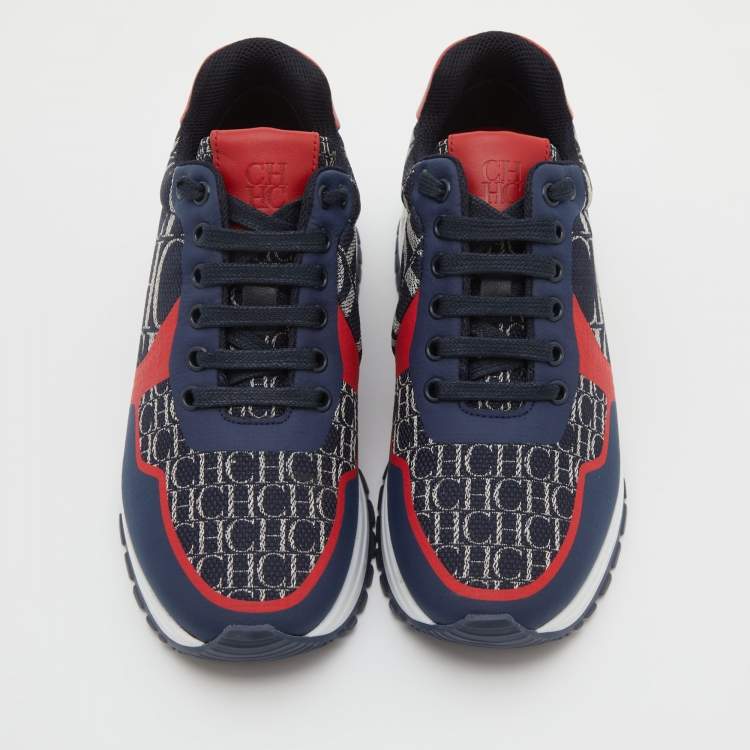 Pre Owned CH Carolina Herrera Navy Blue/Red Logo Print Canvas Low Top Sneakers Size 37