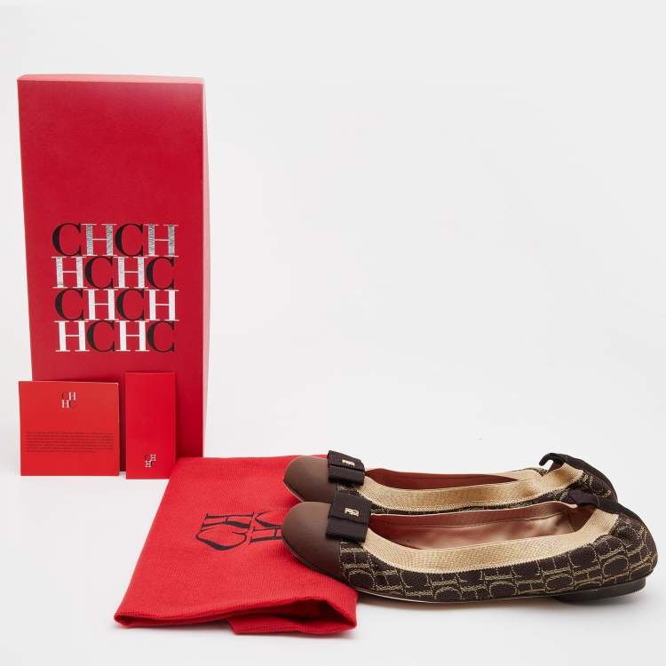 Pre Owned CH Carolina Herrera Brown/Beige Canvas Rock'n Roll Ballet Flats Size 37