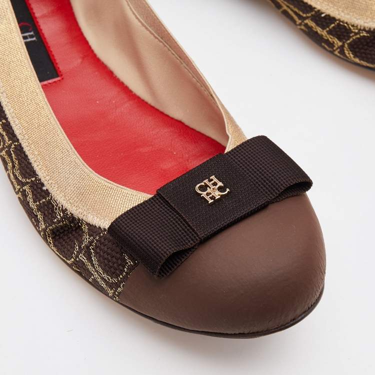 Pre Owned CH Carolina Herrera Brown/Beige Canvas Rock'n Roll Ballet Flats Size 37