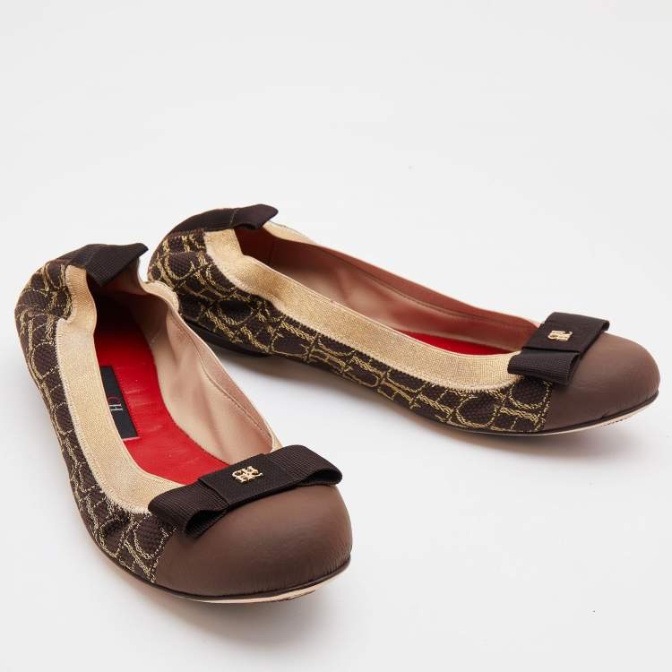 Pre Owned CH Carolina Herrera Brown/Beige Canvas Rock'n Roll Ballet Flats Size 37