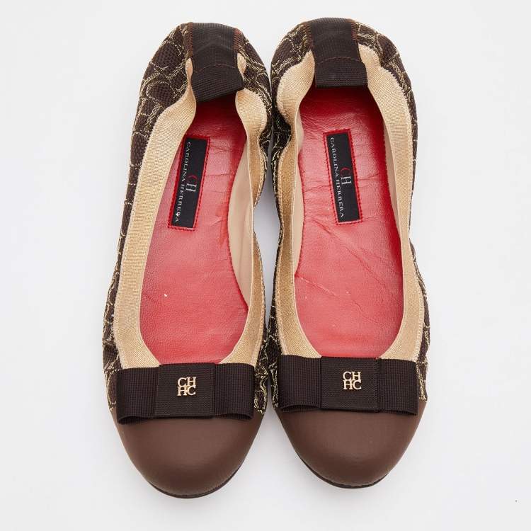 Pre Owned CH Carolina Herrera Brown/Beige Canvas Rock'n Roll Ballet Flats Size 37