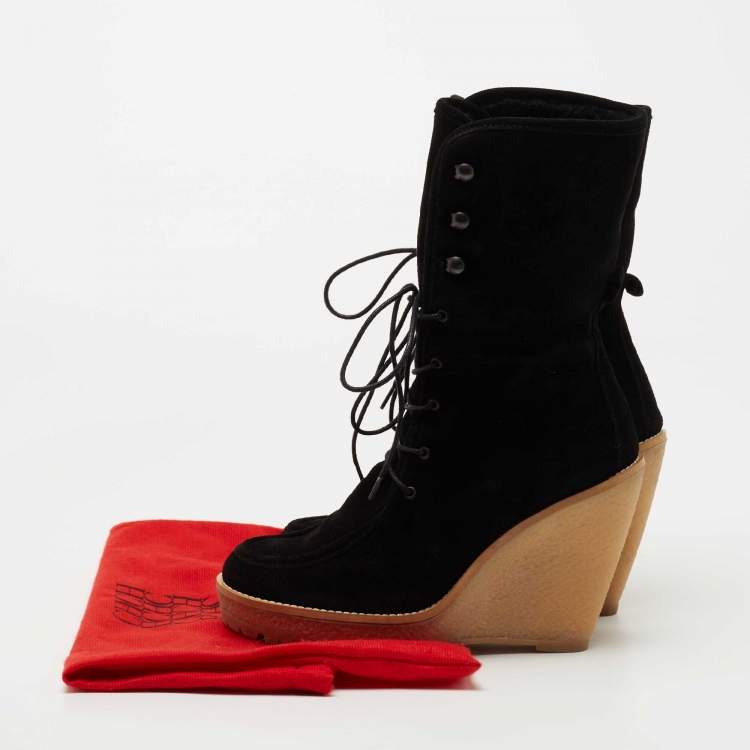 Pre Owned CH Carolina Herrera Black Suede Mid Calf Wedge Boots Size 38