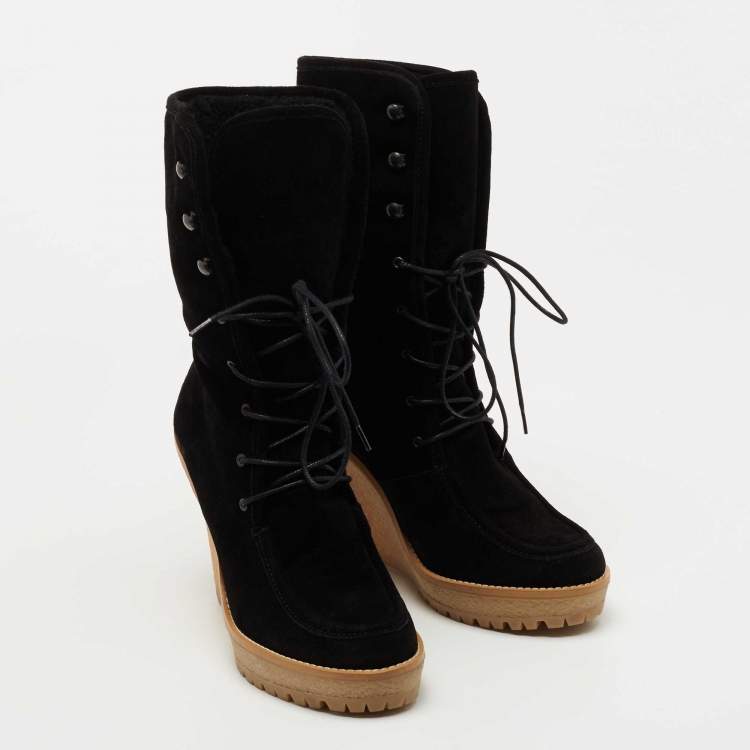 Pre Owned CH Carolina Herrera Black Suede Mid Calf Wedge Boots Size 38