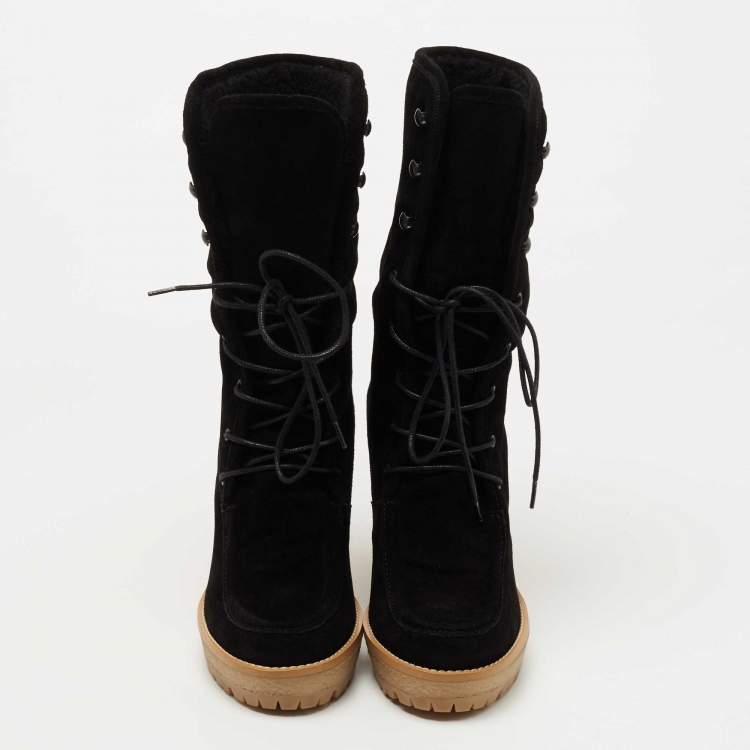 Pre Owned CH Carolina Herrera Black Suede Mid Calf Wedge Boots Size 38