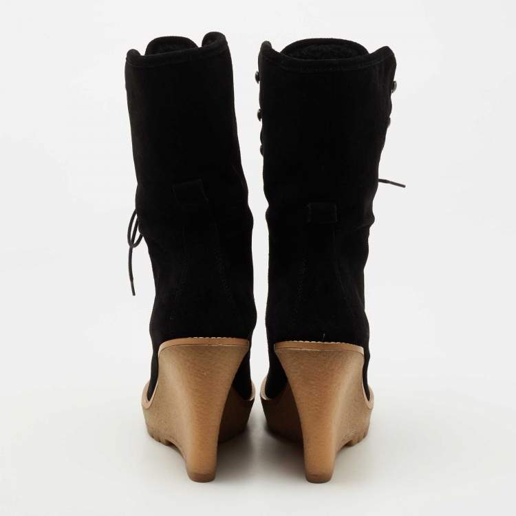 Pre Owned CH Carolina Herrera Black Suede Mid Calf Wedge Boots Size 38