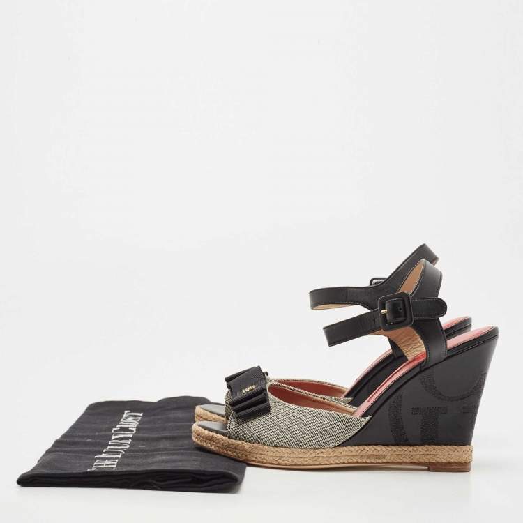 Pre Owned CH Carolina Herrera Black/Grey Leather and Canvas Wedge Ankle Strap Sandals Size 36