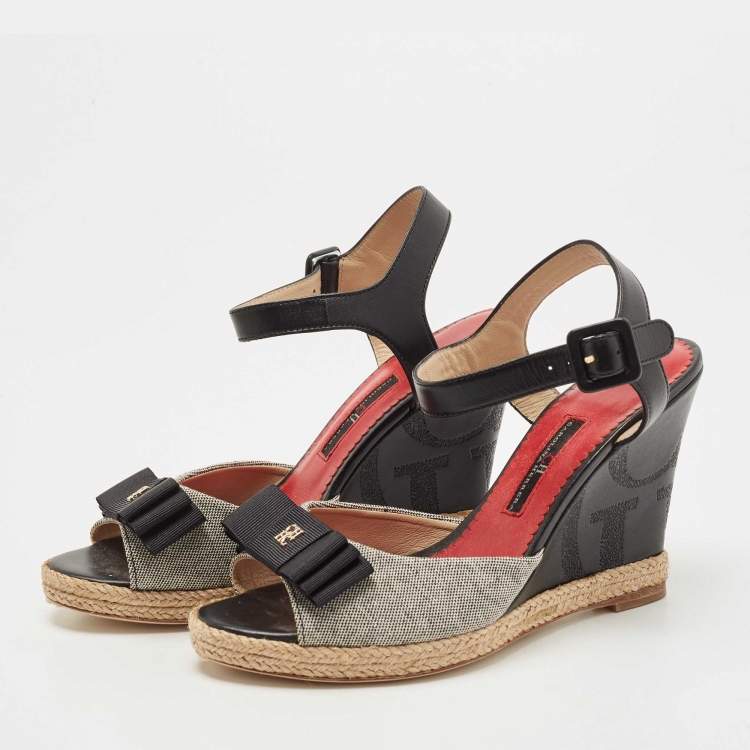 Pre Owned CH Carolina Herrera Black/Grey Leather and Canvas Wedge Ankle Strap Sandals Size 36