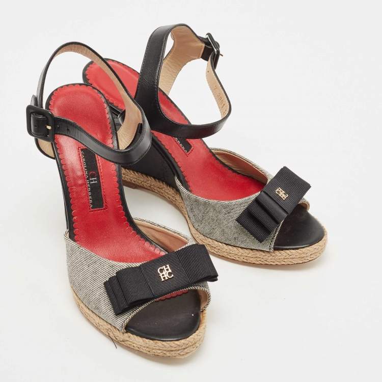Pre Owned CH Carolina Herrera Black/Grey Leather and Canvas Wedge Ankle Strap Sandals Size 36