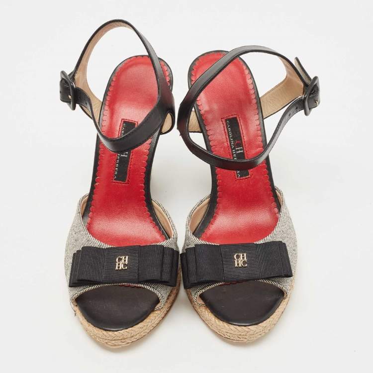 Pre Owned CH Carolina Herrera Black/Grey Leather and Canvas Wedge Ankle Strap Sandals Size 36