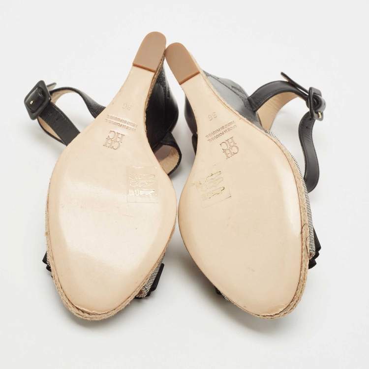 Pre Owned CH Carolina Herrera Black/Grey Leather and Canvas Wedge Ankle Strap Sandals Size 36