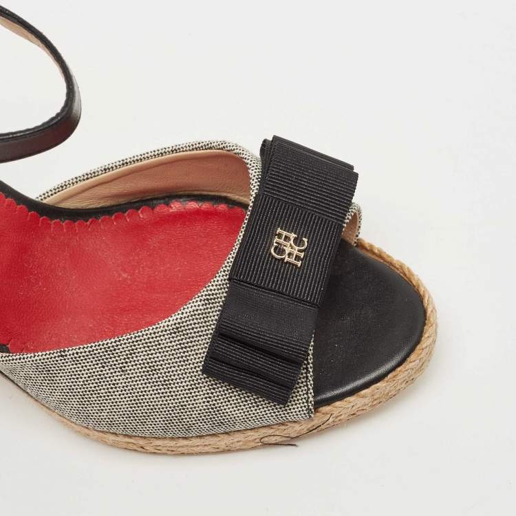 Pre Owned CH Carolina Herrera Black/Grey Leather and Canvas Wedge Ankle Strap Sandals Size 36