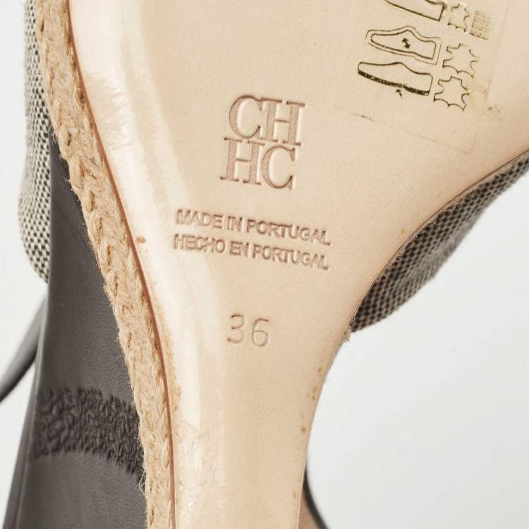 Pre Owned CH Carolina Herrera Black/Grey Leather and Canvas Wedge Ankle Strap Sandals Size 36
