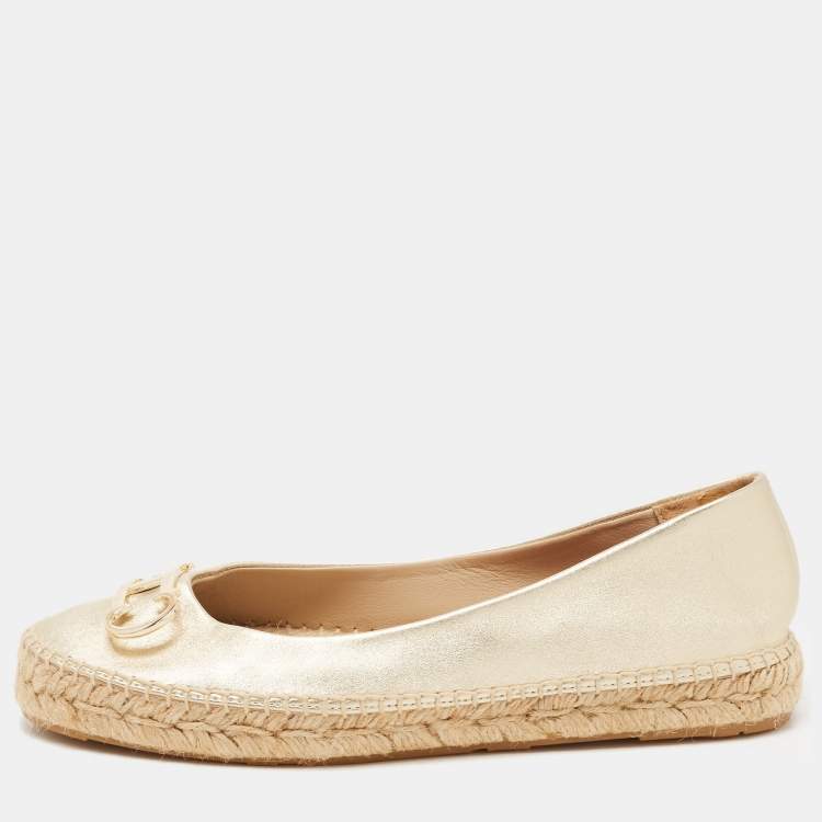 Pre Owned CH Carolina Herrera Gold Leather Logo Buckle Espadrille Flats Size 38
