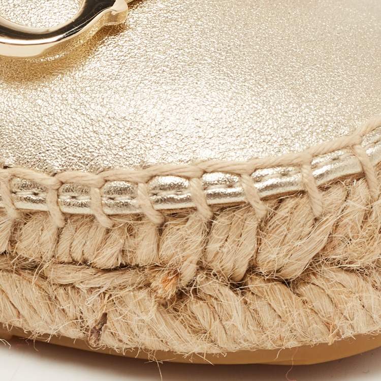 Pre Owned CH Carolina Herrera Gold Leather Logo Buckle Espadrille Flats Size 38