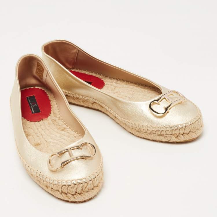 Pre Owned CH Carolina Herrera Gold Leather Logo Buckle Espadrille Flats Size 38