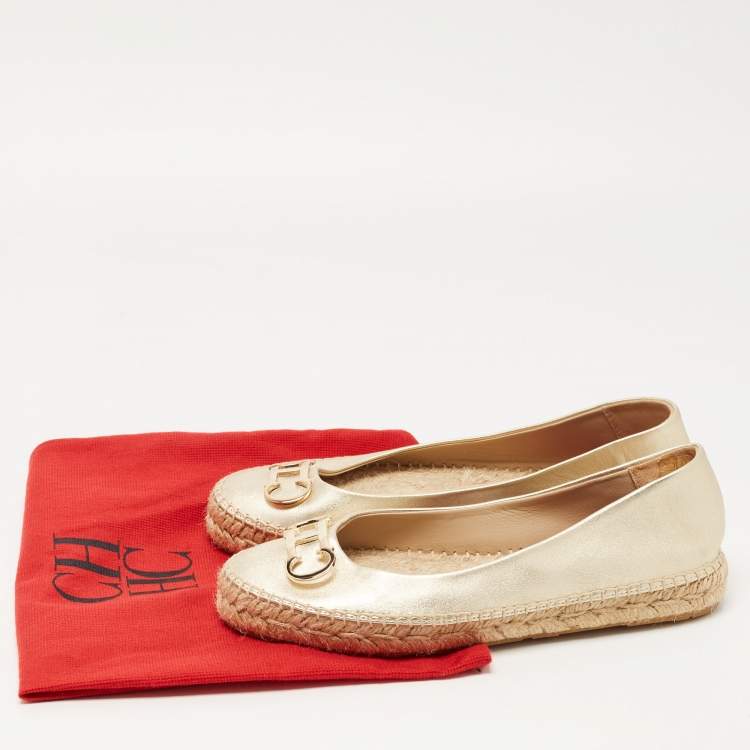 Pre Owned CH Carolina Herrera Gold Leather Logo Buckle Espadrille Flats Size 38