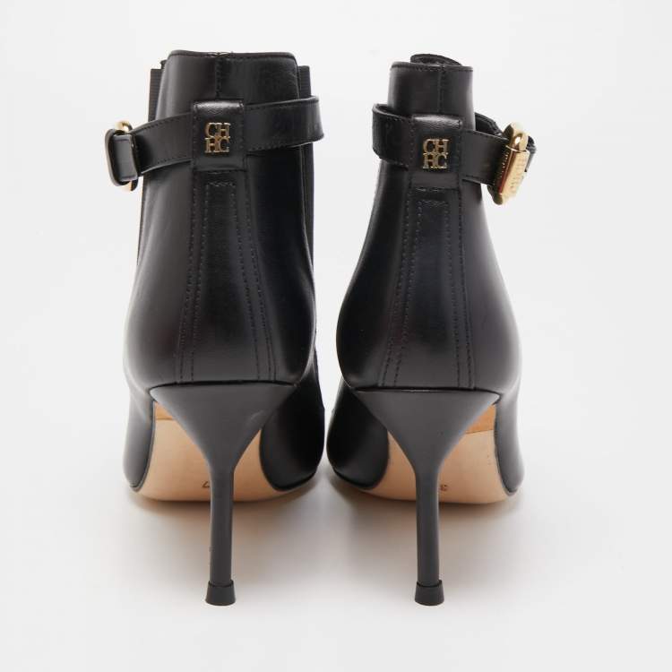 Pre Owned CH Carolina Herrera Black Leather Ankle Boots Size 37