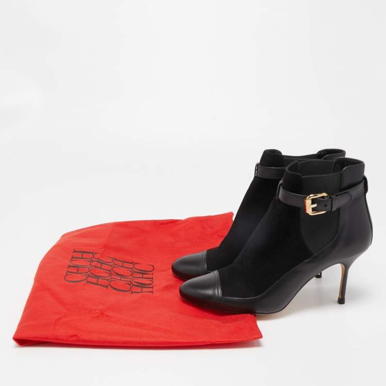 Pre Owned CH Carolina Herrera Black Leather Ankle Boots Size 37