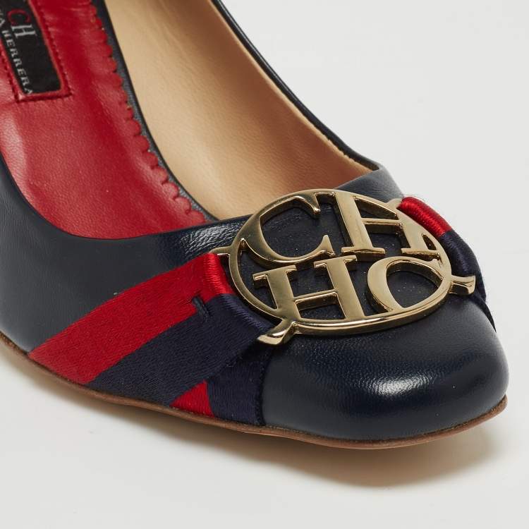 مملوكة مسبقًا CH Carolina Herrera Blue Leather Logo Round Toe Pumps Size 37