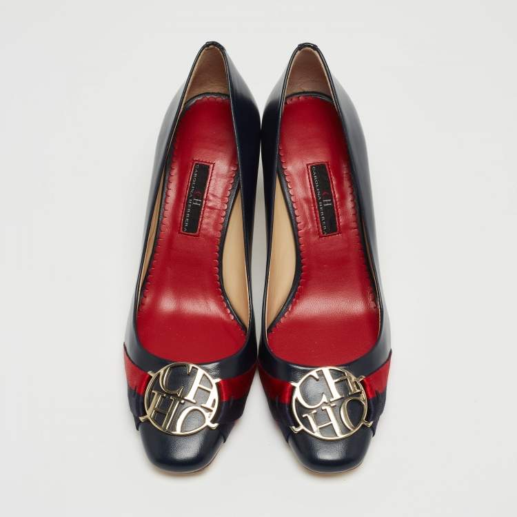 مملوكة مسبقًا CH Carolina Herrera Blue Leather Logo Round Toe Pumps Size 37