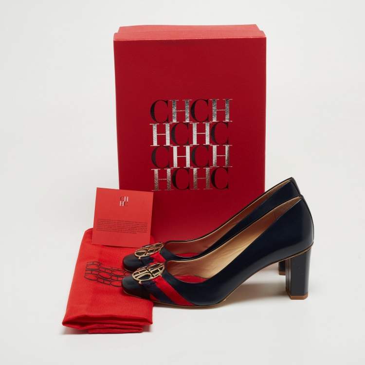 مملوكة مسبقًا CH Carolina Herrera Blue Leather Logo Round Toe Pumps Size 37