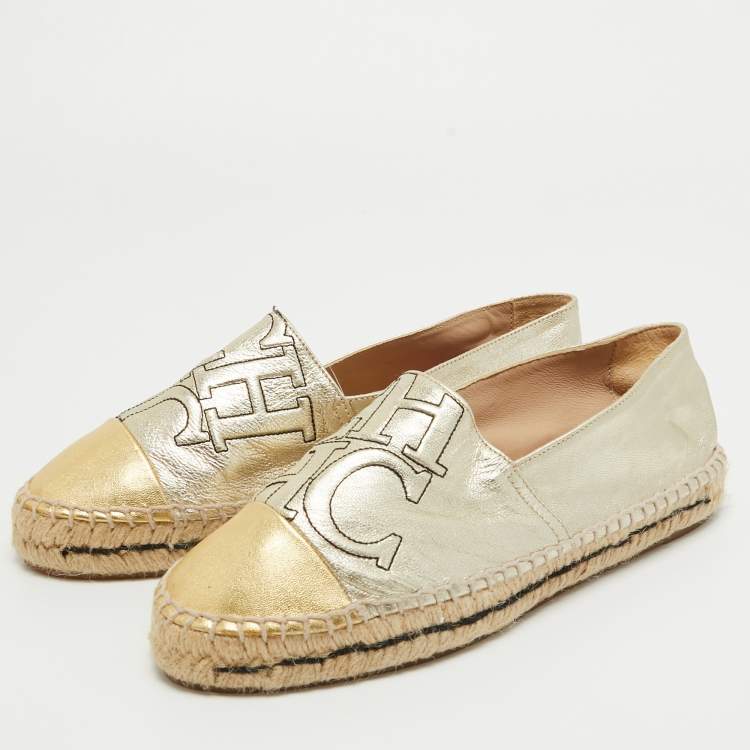 Pre Owned CH Carolina Herrera Gold Leather Espadrille Flats Size 38