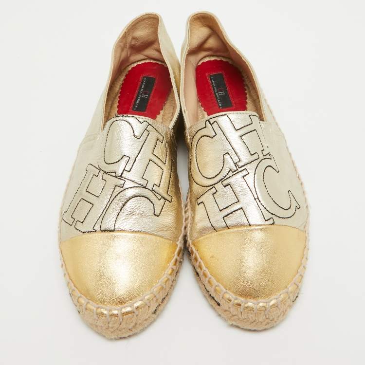 Pre Owned CH Carolina Herrera Gold Leather Espadrille Flats Size 38