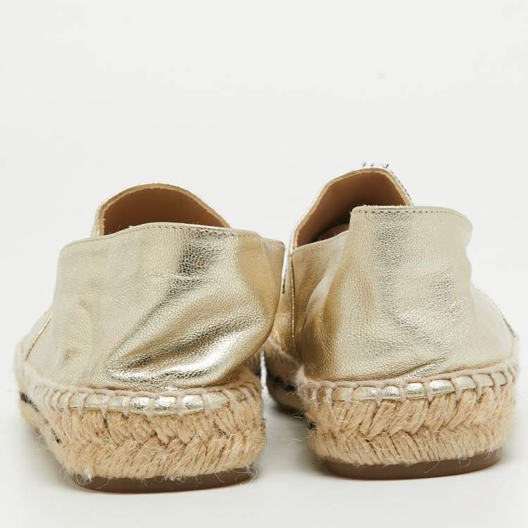 Pre Owned CH Carolina Herrera Gold Leather Espadrille Flats Size 38