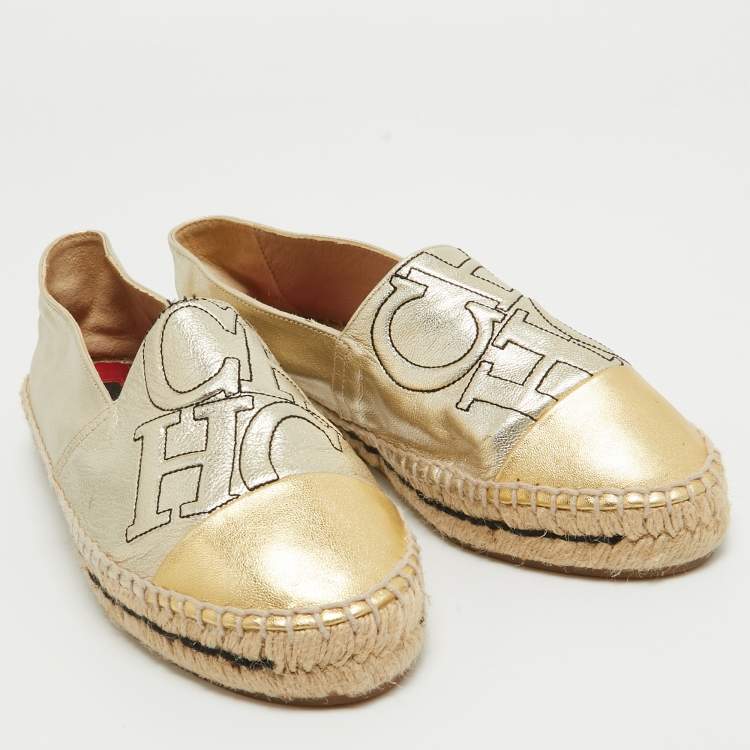 Pre Owned CH Carolina Herrera Gold Leather Espadrille Flats Size 38