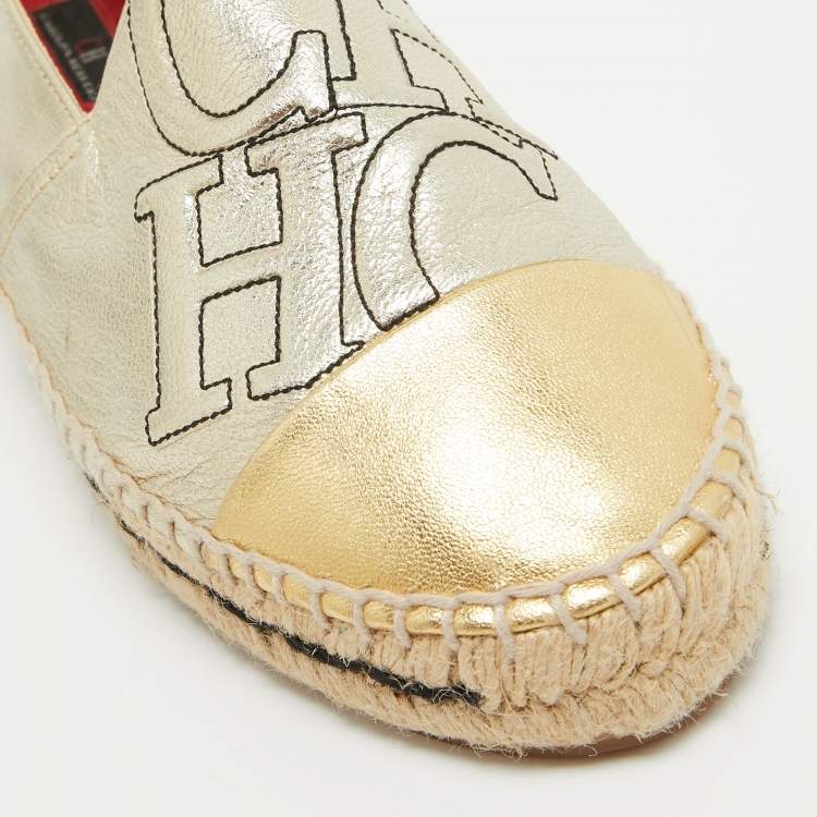 Pre Owned CH Carolina Herrera Gold Leather Espadrille Flats Size 38