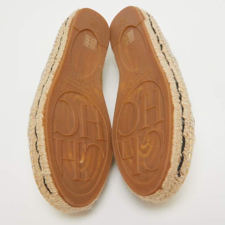 Pre Owned CH Carolina Herrera Gold Leather Espadrille Flats Size 38