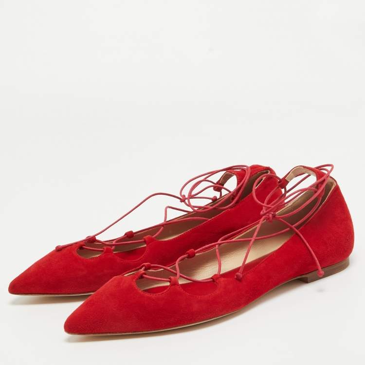 Pre Owned CH Carolina Herrera Red Suede Lace Up Ballet Flats Size 40