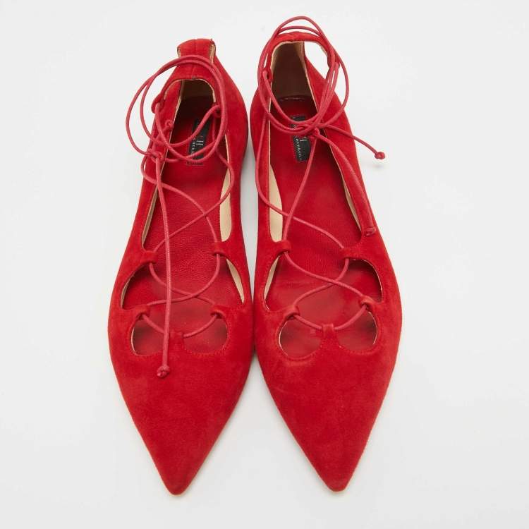 Pre Owned CH Carolina Herrera Red Suede Lace Up Ballet Flats Size 40