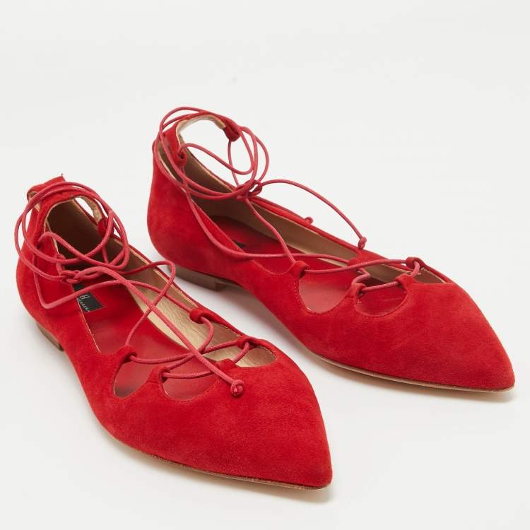 Pre Owned CH Carolina Herrera Red Suede Lace Up Ballet Flats Size 40
