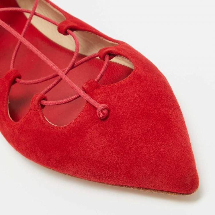 Pre Owned CH Carolina Herrera Red Suede Lace Up Ballet Flats Size 40