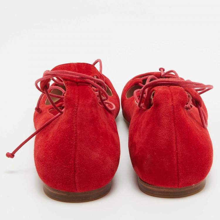 Pre Owned CH Carolina Herrera Red Suede Lace Up Ballet Flats Size 40