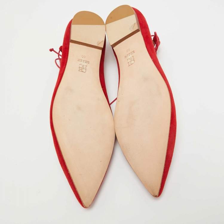 Pre Owned CH Carolina Herrera Red Suede Lace Up Ballet Flats Size 40