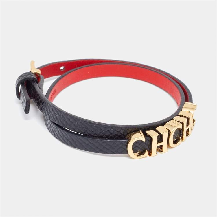 Pre Owned CH Carolina Herrera Black Leather Logo Double Wrap Bracelet