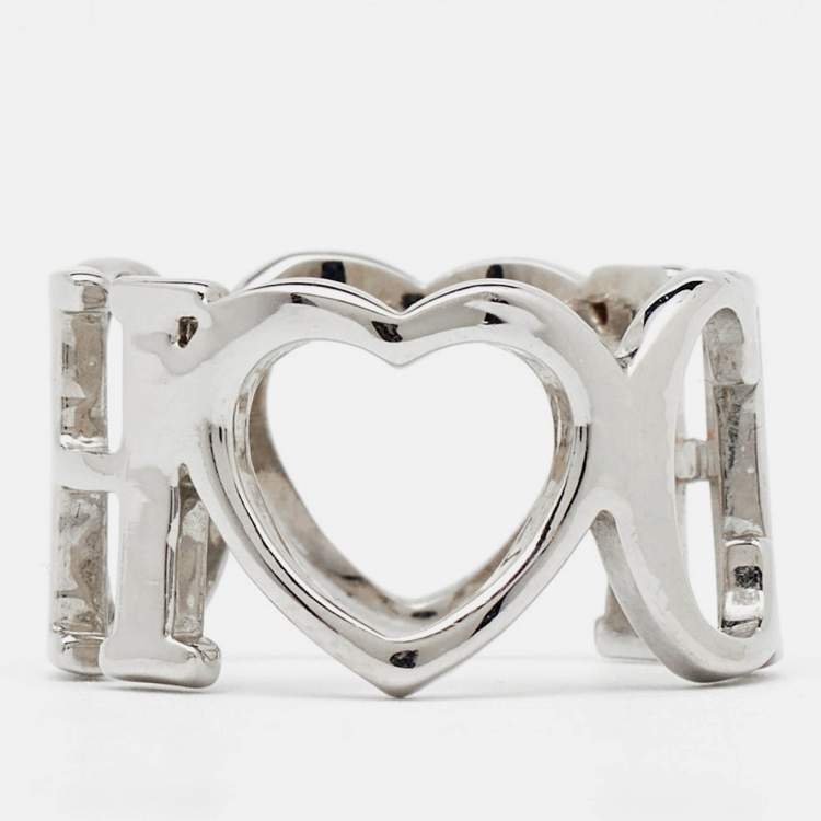 Pre Owned CH Carolina Herrera Silver Tone Logo & Heart Band Ring Size EU 53