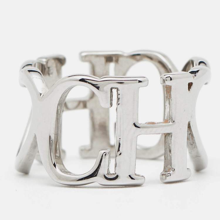 Pre Owned CH Carolina Herrera Silver Tone Logo & Heart Band Ring Size EU 53