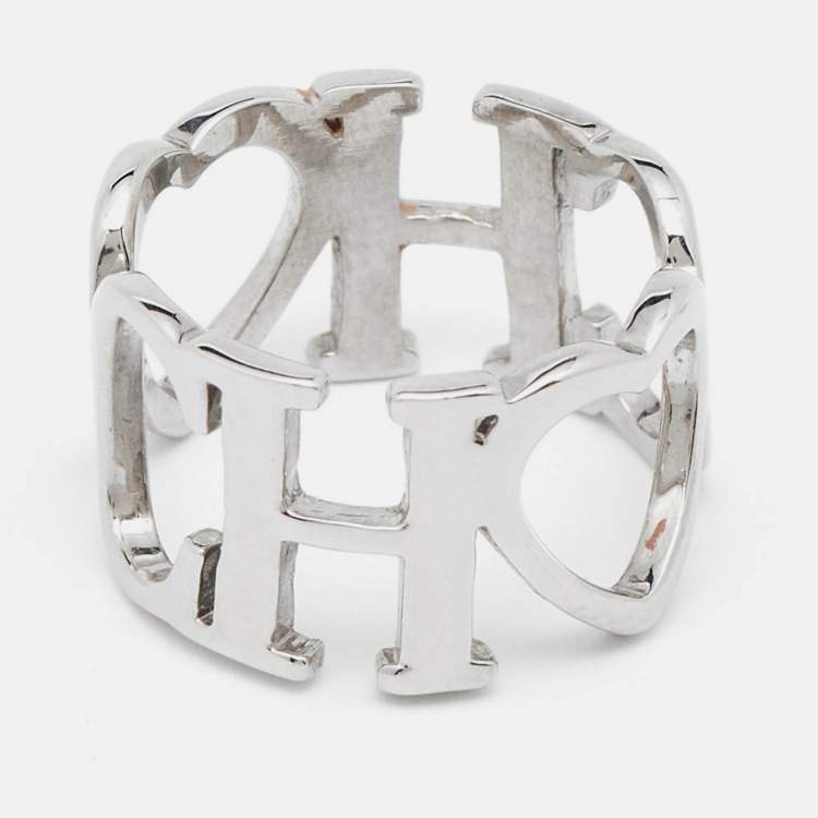 Pre Owned CH Carolina Herrera Silver Tone Logo & Heart Band Ring Size EU 53
