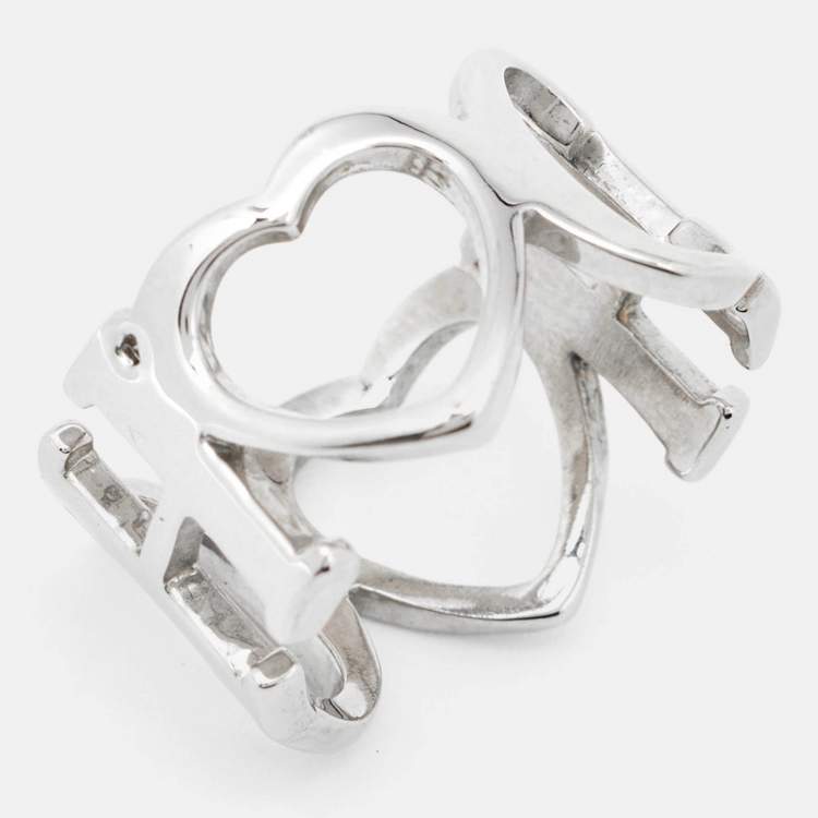 Pre Owned CH Carolina Herrera Silver Tone Logo & Heart Band Ring Size EU 53