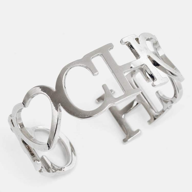Pre Owned CH Carolina Herrera Silver Tone Heart & Logo Bangle Bracelet
