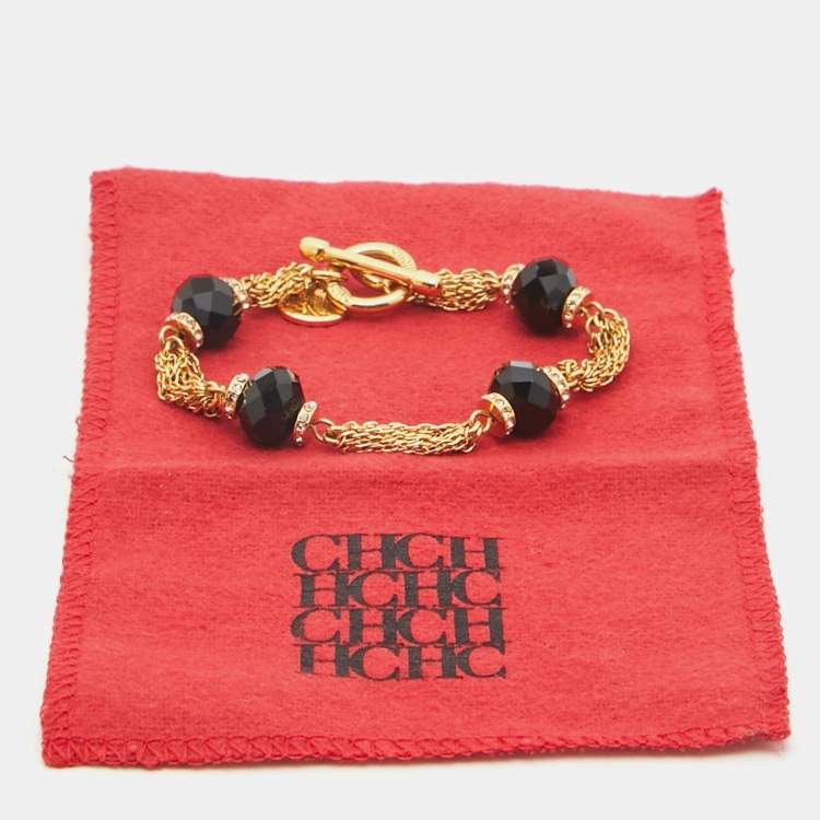 Pre Owned Carolina Herrera Crystals Gold Tone Multi Strand Black Beaded Toggle Bracelet