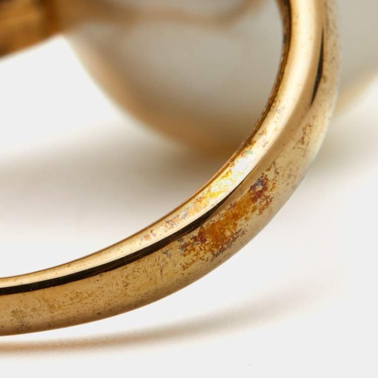 Pre Owned CH Carolina Herrera CH Faux Pearl Crystal Gold Tone Ring Size 52