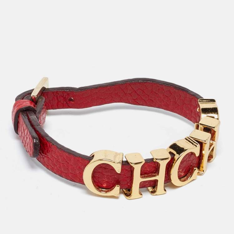 Pre Owned CH Carolina Herrera Red Leather Logo Wrap Bracelet
