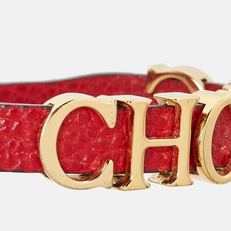 Pre Owned CH Carolina Herrera Red Leather Logo Wrap Bracelet