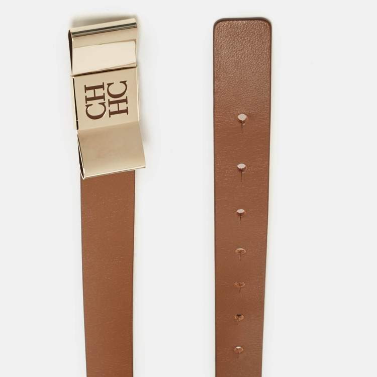 Pre Owned CH Carolina Herrera Brown Leather Metal Bow Buckle Belt 75 CM