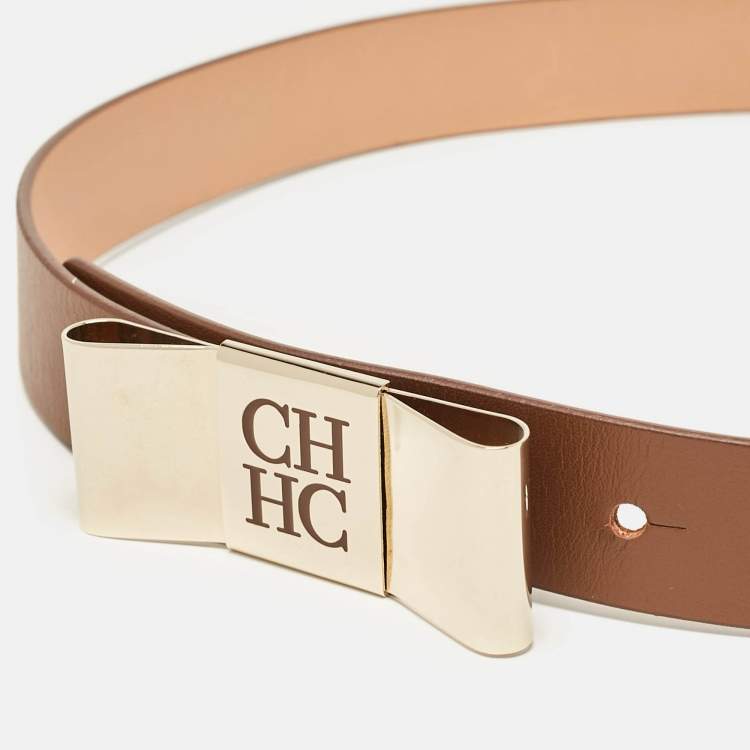 Pre Owned CH Carolina Herrera Brown Leather Metal Bow Buckle Belt 75 CM