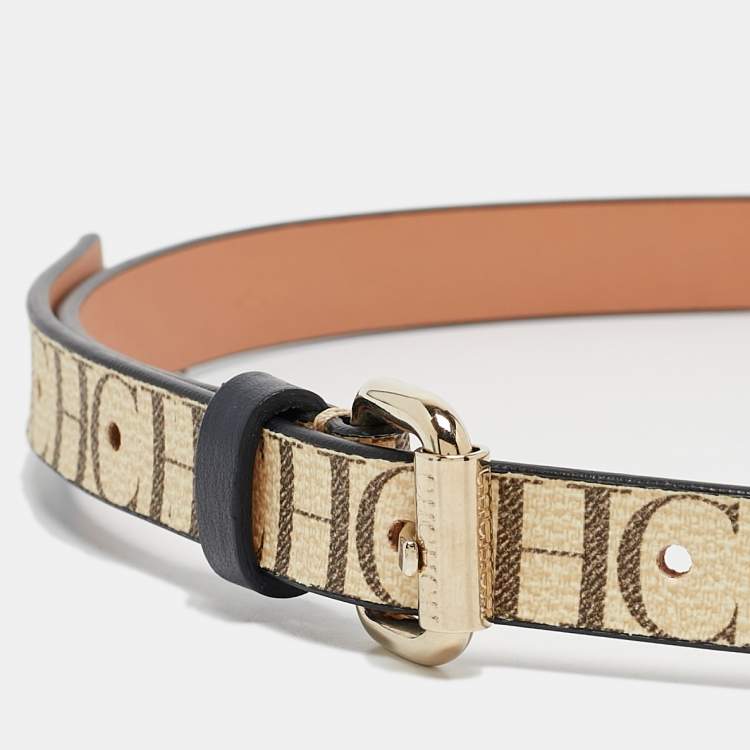 Pre Owned CH Carolina Herrera Beige/Brown Monogram Coated Canvas Slim Belt 80 CM